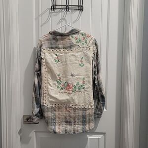 Vtg Distressed Flannel Shirt embroidery lace OOAK needlework Bleach Sz M Upcycle